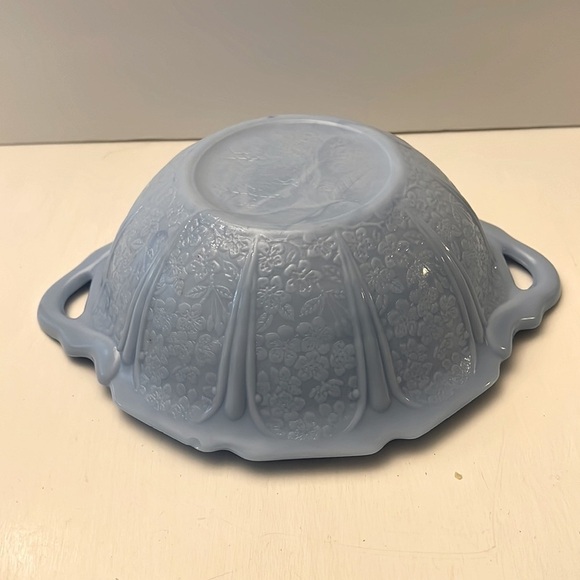 Jeanette Cherry Blossom Delphite Handled Bowl Blue Depression Glass 9" - Picture 3 of 7